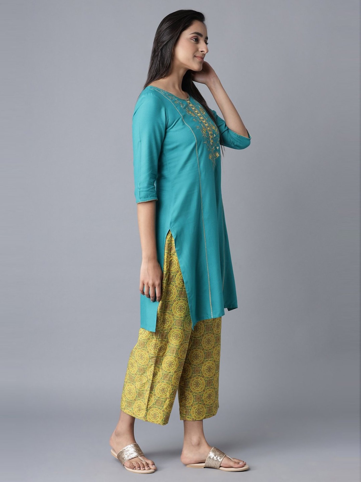 Aure by Aurelia Blue & Yellow Embroidered Kurta Palazzo Set