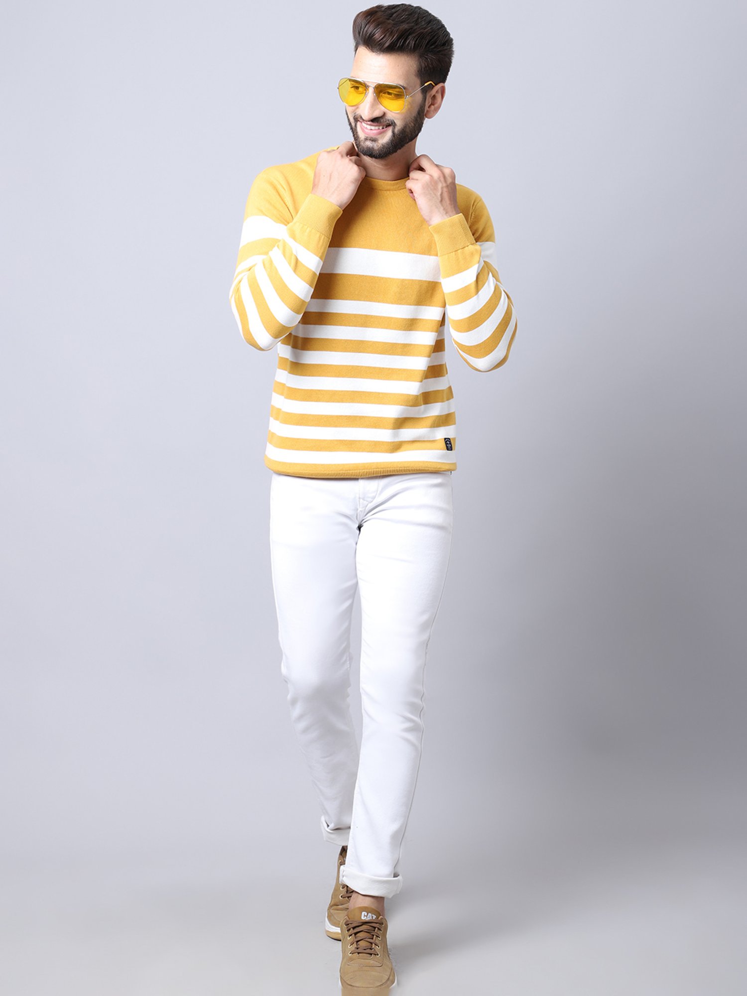 Cantabil Mustard Regular Fit Striped Sweater