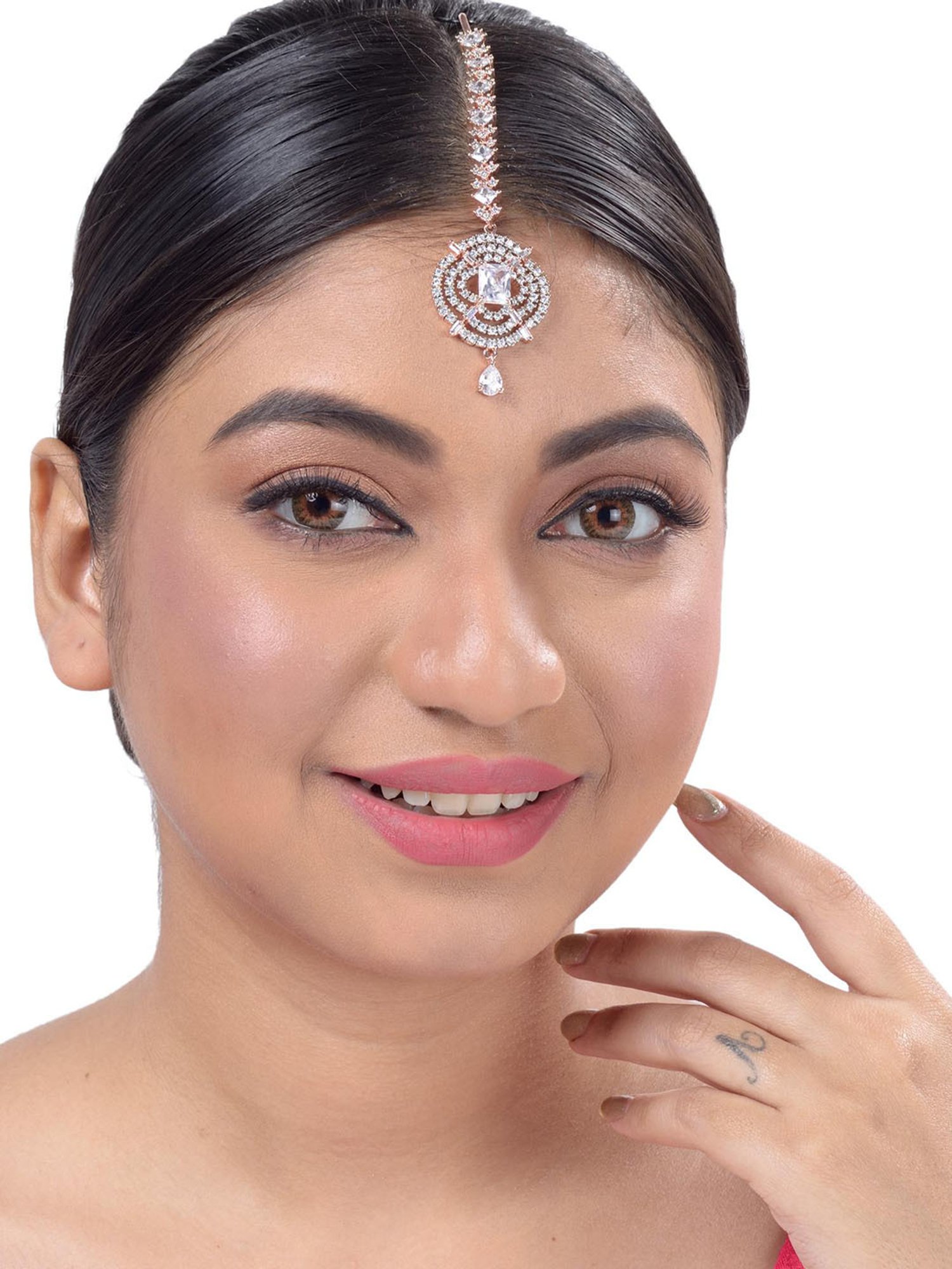 Saraf Rs Jewellery Solitaire Maang Tikka American Diamond Studded Gold Plated For Women & Girls