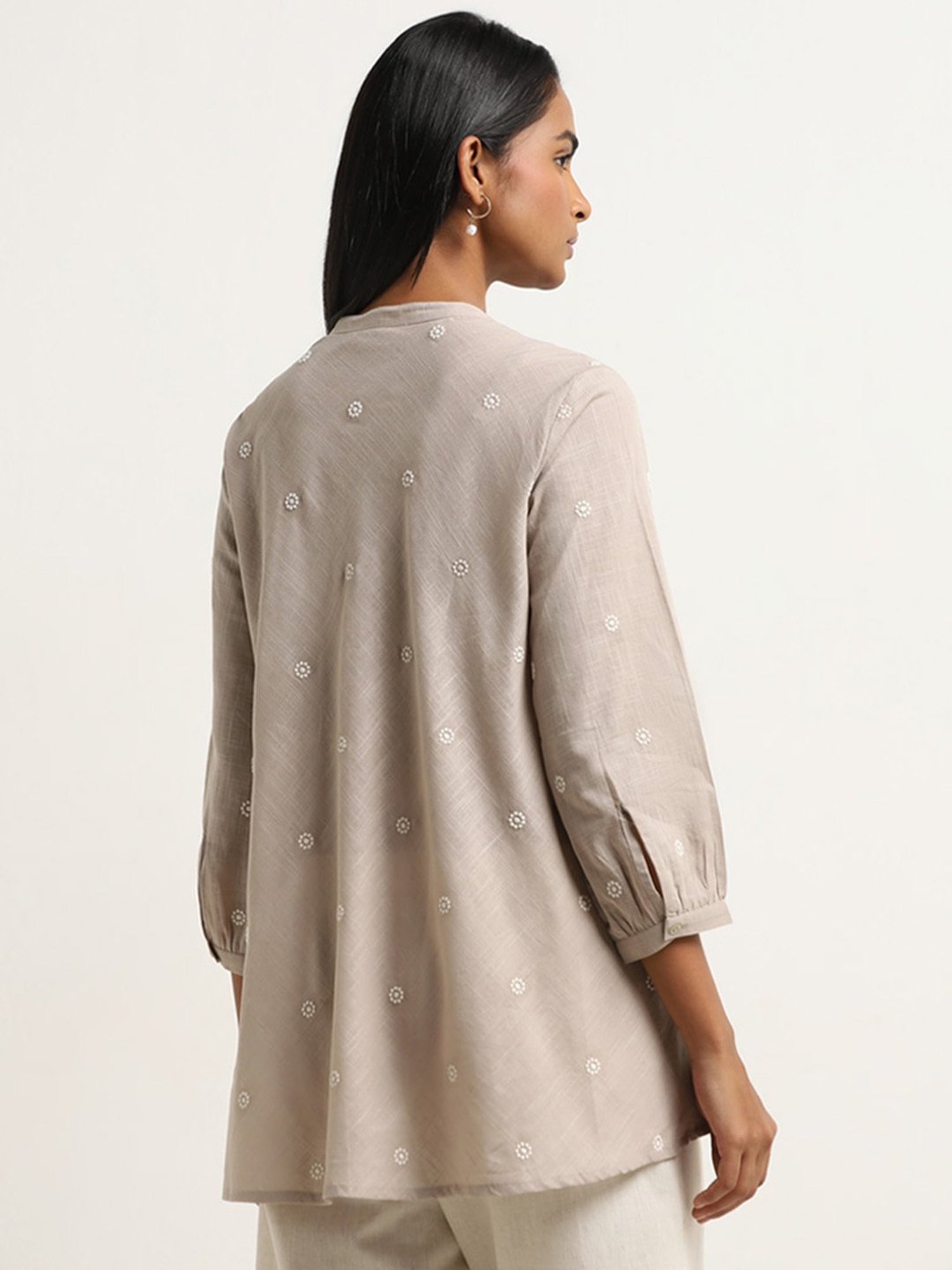 Utsa by Westside Taupe Embroidered A-Line Cotton Kurti