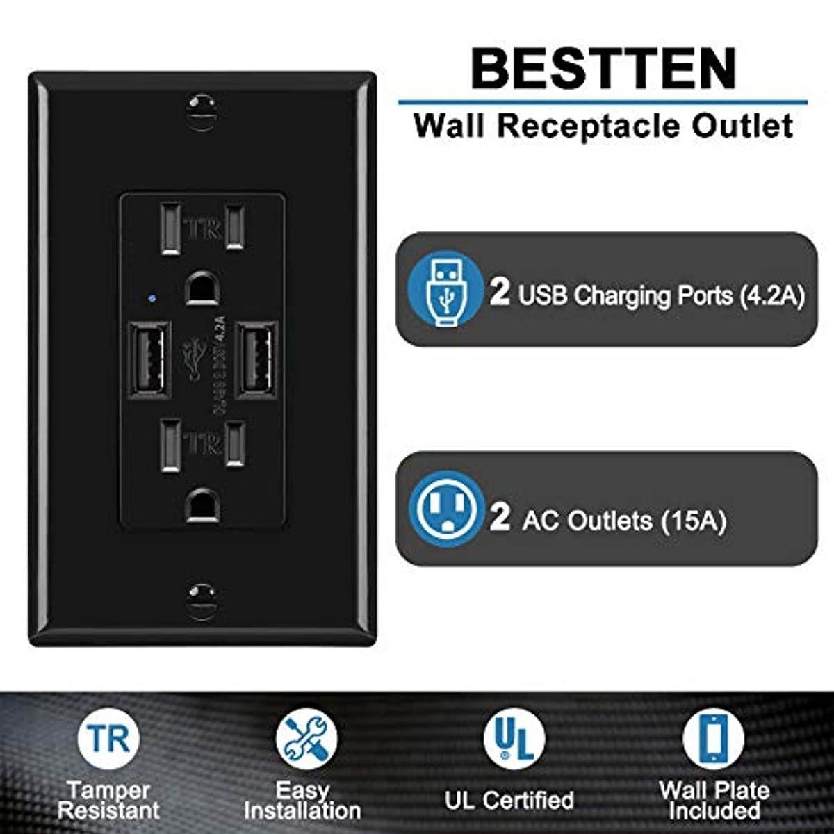 [2 Pack] BESTTEN 4.2A USB Wall Receptacle with 15A Tamper Resistant Outlets, Smart USB Wall Charger with Dual USB Charging Ports, UL Listed, Black