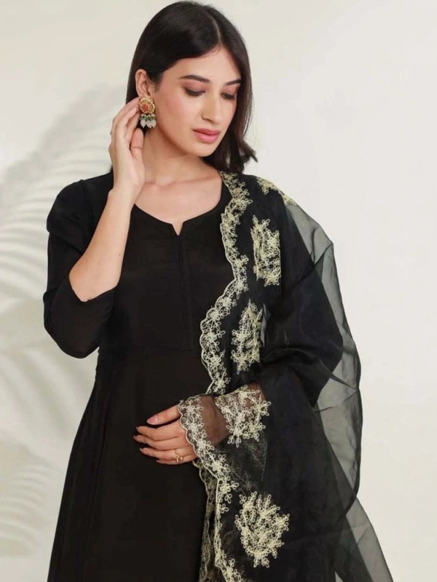 Asrumo Black Tara Chanderi Heavy Aari Embroidery Three Kali Kurta with Pant and Dupatta