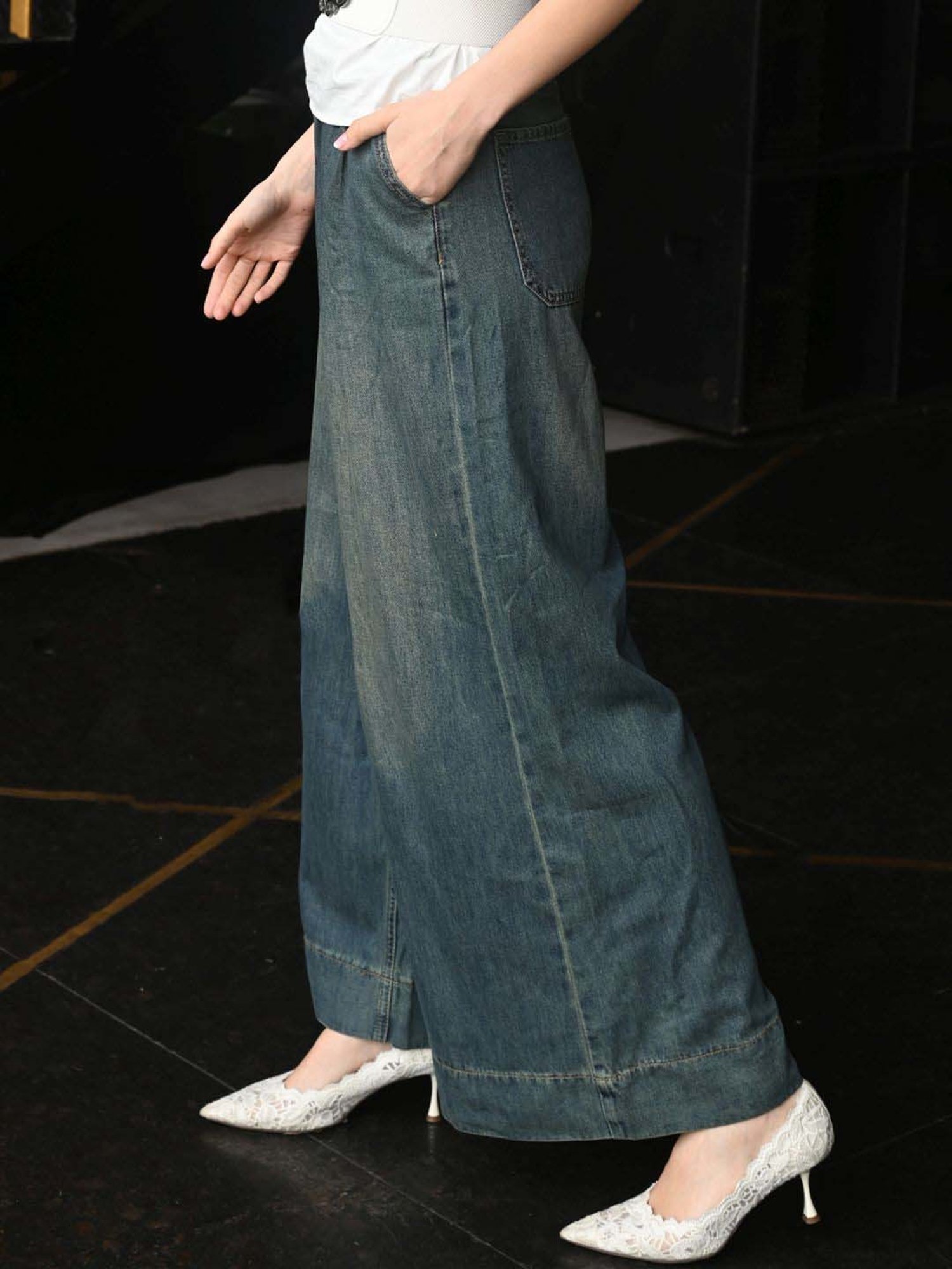 Odette Blue High Rise Flared Pants With Belt