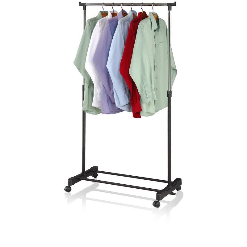 Sunbeam Single Rail Adjustable Rolling Garment and Wardrobe Organizing Rack, Black