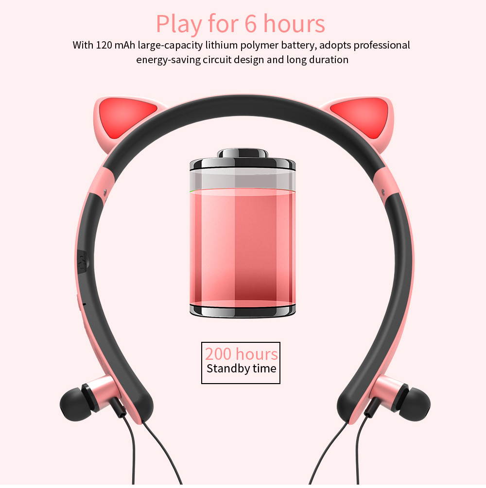 Bluetooth 5.0 Cat Ear Headphones On-Ear Stereo Wireless Headset and Volume Control Magnetic Earplug Stereo Sport Headset Headphones, Cosplay Cat Ears Gaming Headsets with Built in Mic (Pink)