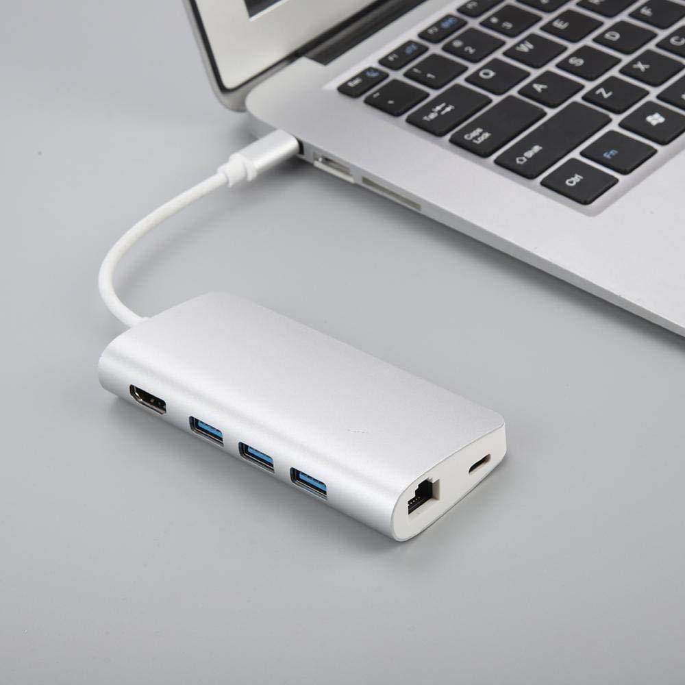 Zerone USB C to HDMI Adapter 3 in 1 USB C Adapter Multiport USB-C Hub, ype-c to Hub (3 x USB3.0)+ HDMI 4K + RJ45 Gigabit LAN + PD Charging + SD/TF Card Reader Silver