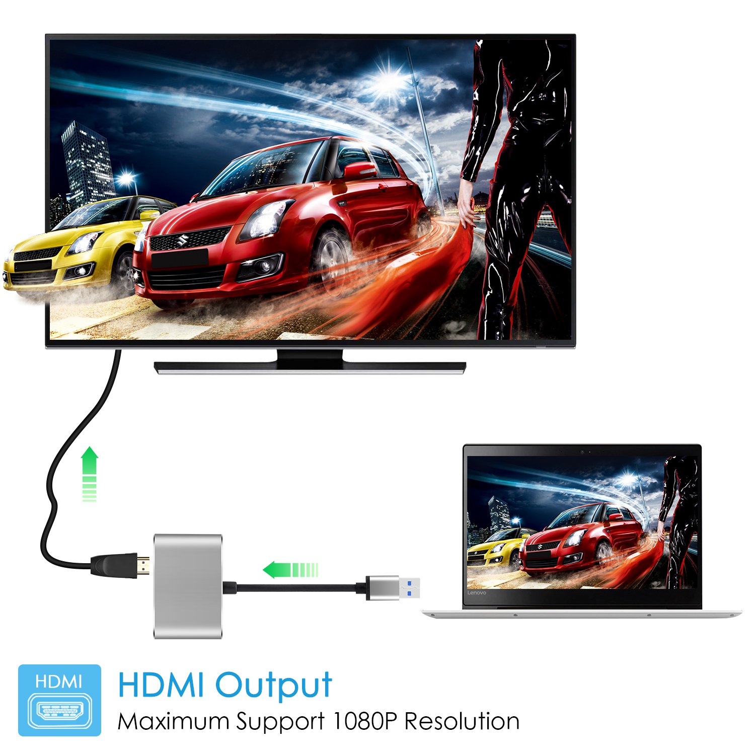 2 in 1 USB 3.0 to HDMI VGA Adapter 1080P,  Built-in Driver,  Support HDMI VGA Sync Output for Windows 10 / 8 / 7 Only, NOT Mac OS / Linux / Vista, USB to HDMI VGA HUB.