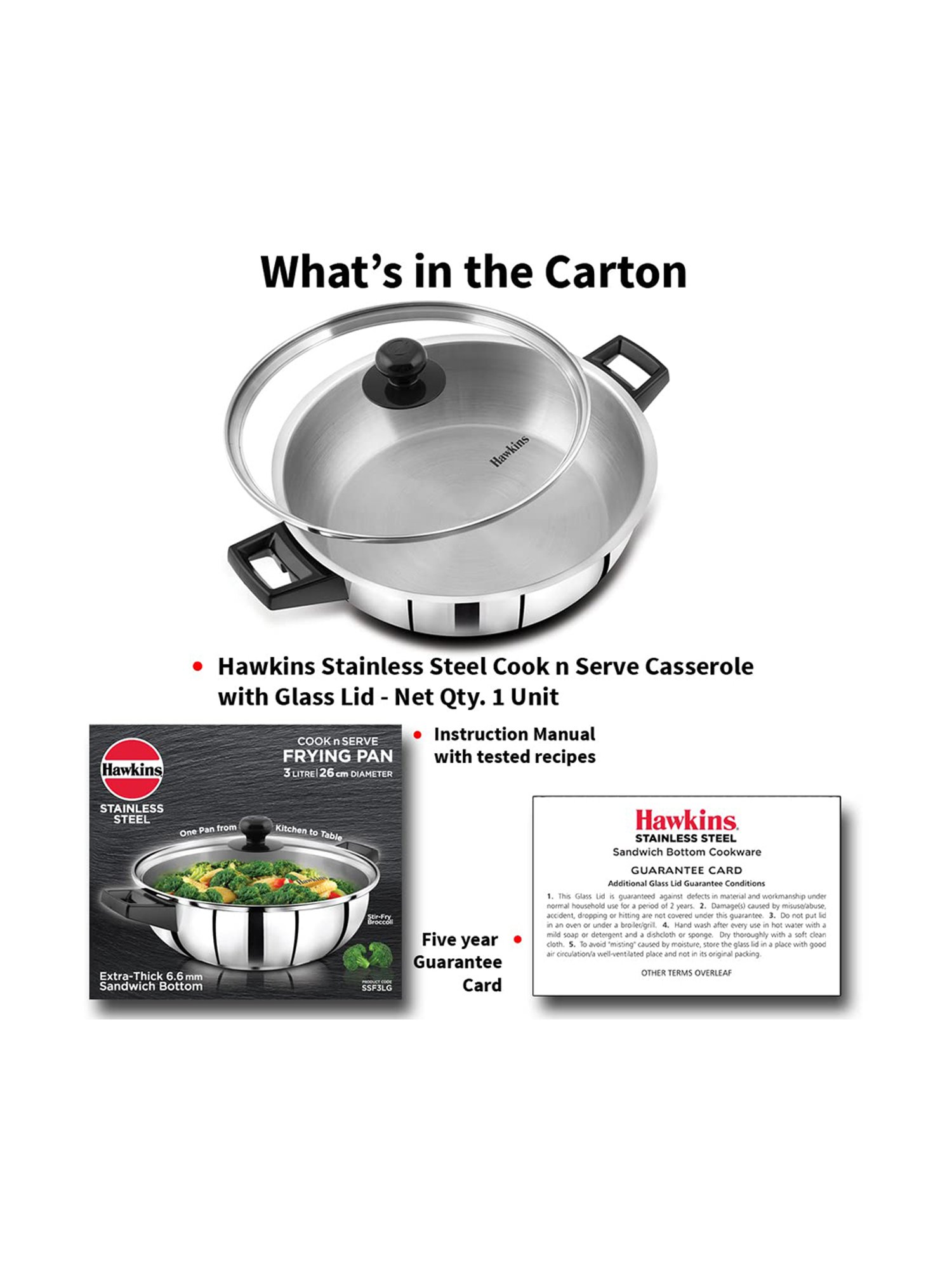 Hawkins Silver Stainless Steel Frying Pan with Glass Lid - 3 Litre