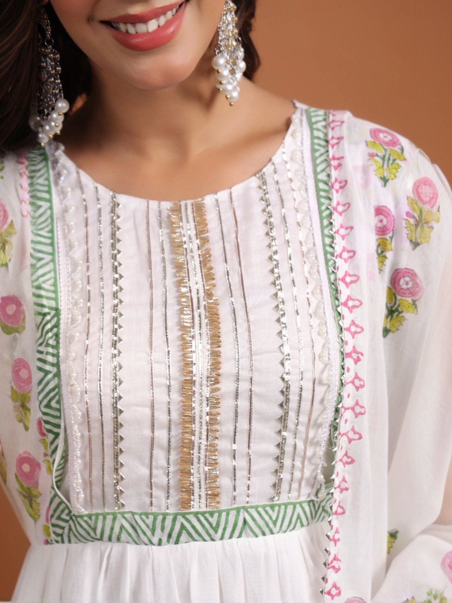 SCAKHI White Cotton Floral Print Kurta Pant Set With Dupatta