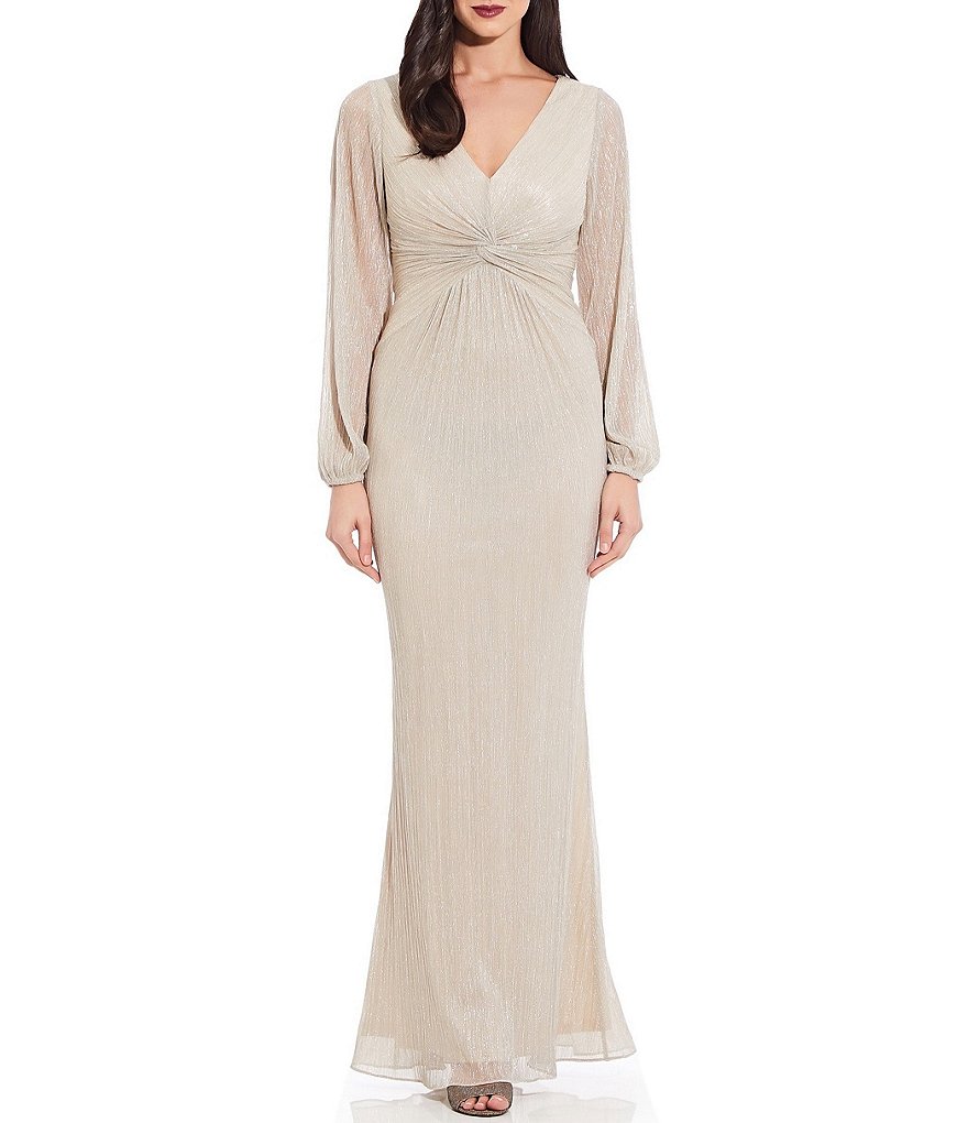 Adrianna Papell Glitter Metallic Knit Twist Front Long Sleeve Draped Gown