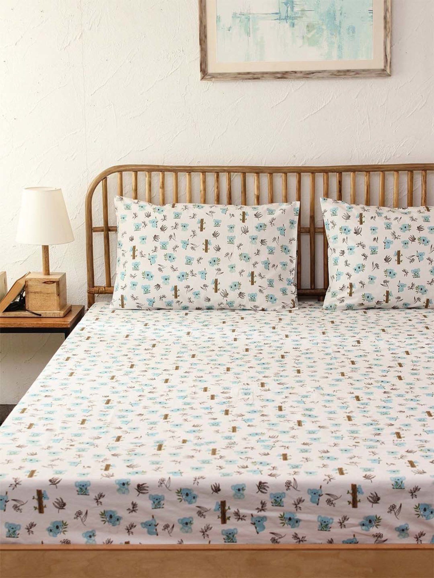 House This Koala Printed Blue Cotton Single Bed Sheet with Pillow Cover