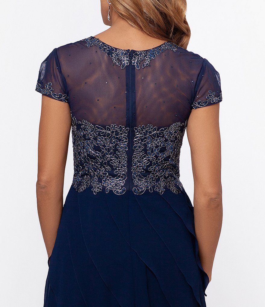 Xscape Embroidered Bodice Cap Sleeve Sweetheart Neck Tiered Gown