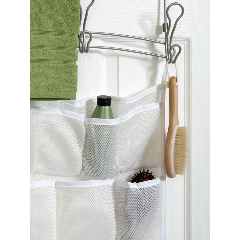 Snug Fit Over the Door Towel Bar with Mesh Pocket Storage Satin Nickel - Zenna Home