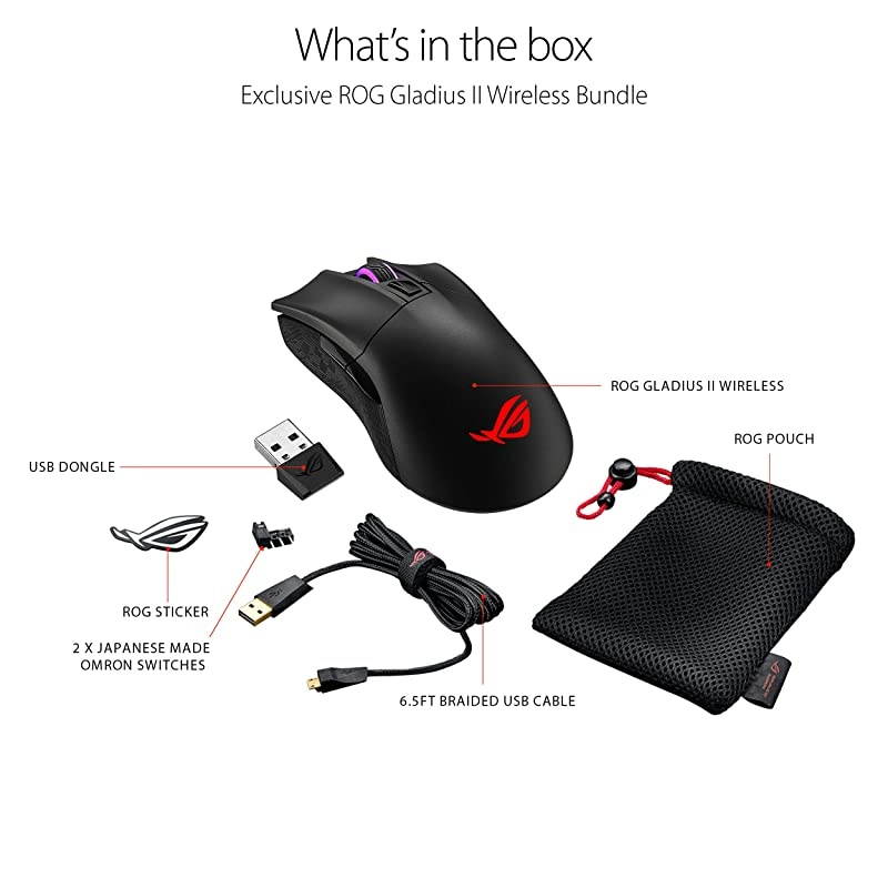 Wireless Optical Gaming Mouse for PC ROG Gladius II | RightHand Grip | 12000 DPI Optical Sensor 400 IPS Omron Switches | 6 Programmable Buttons | Aura Sync RGB Lighting ROG Armoury II