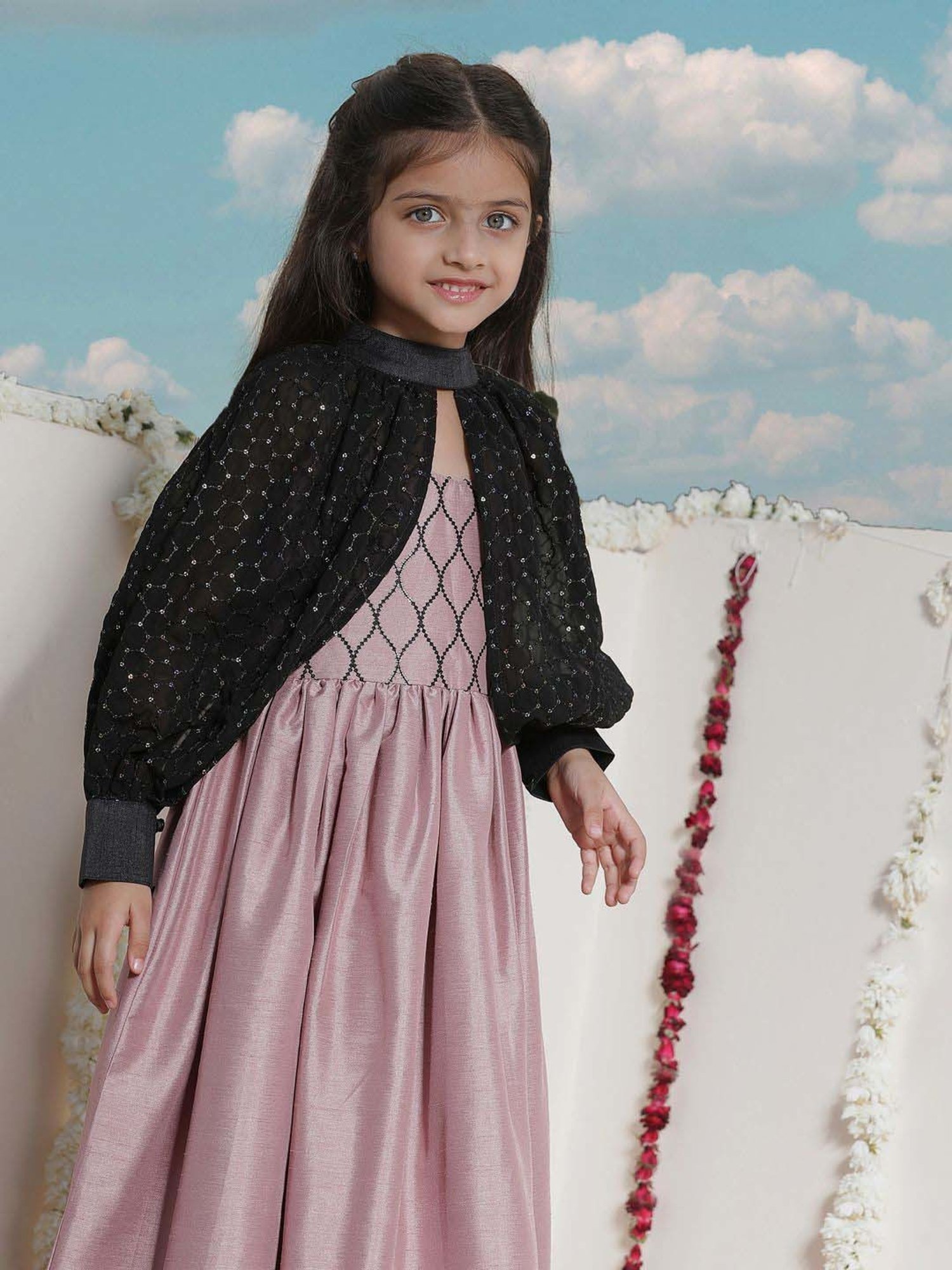 VASTRAMAY Girls Pink & Black Embroidery Full Sleeves Dresses