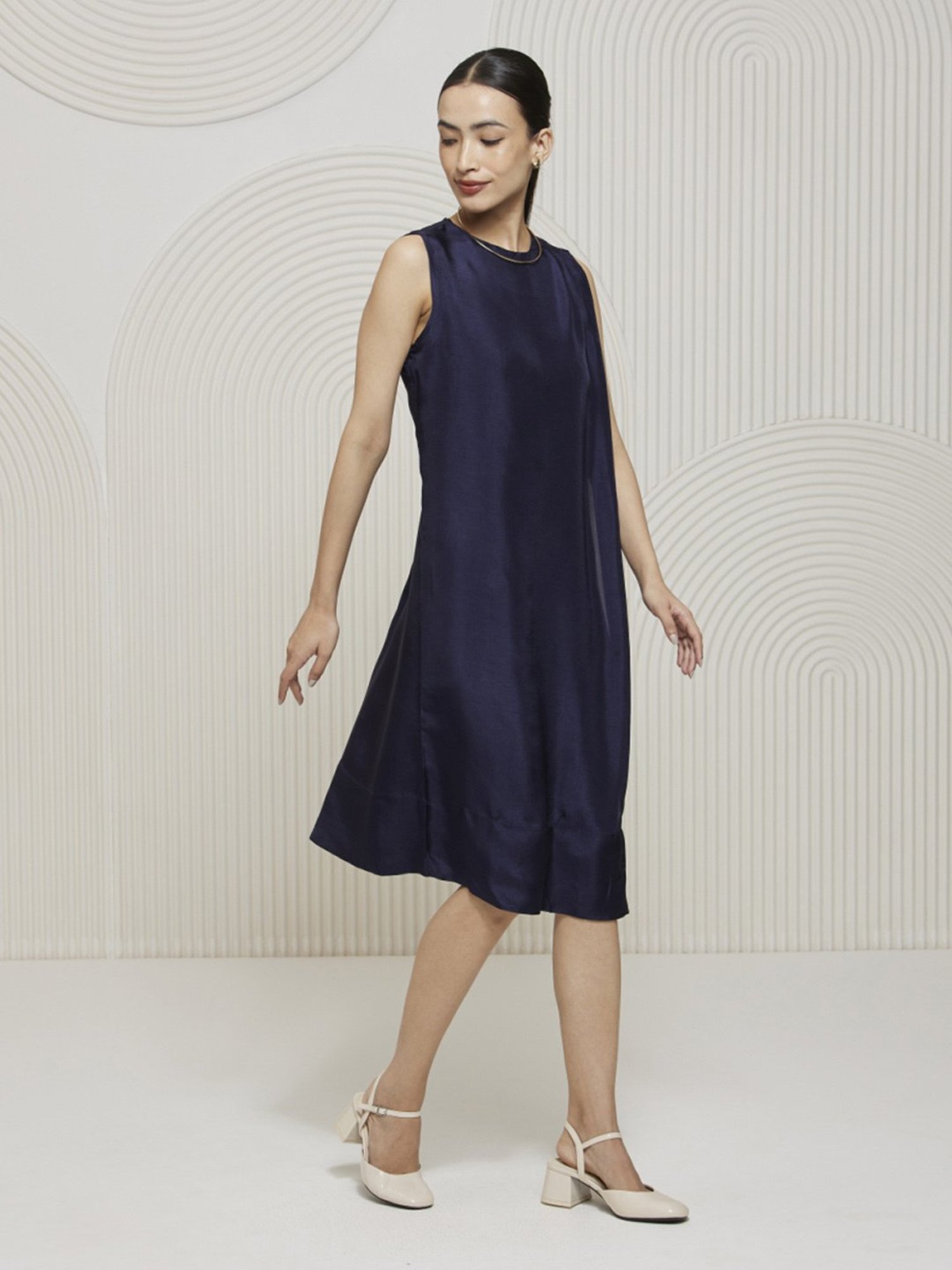 Artagai Navy Peony Elevated Basics Knee Length Dress with Pleat Detail At Shoulder