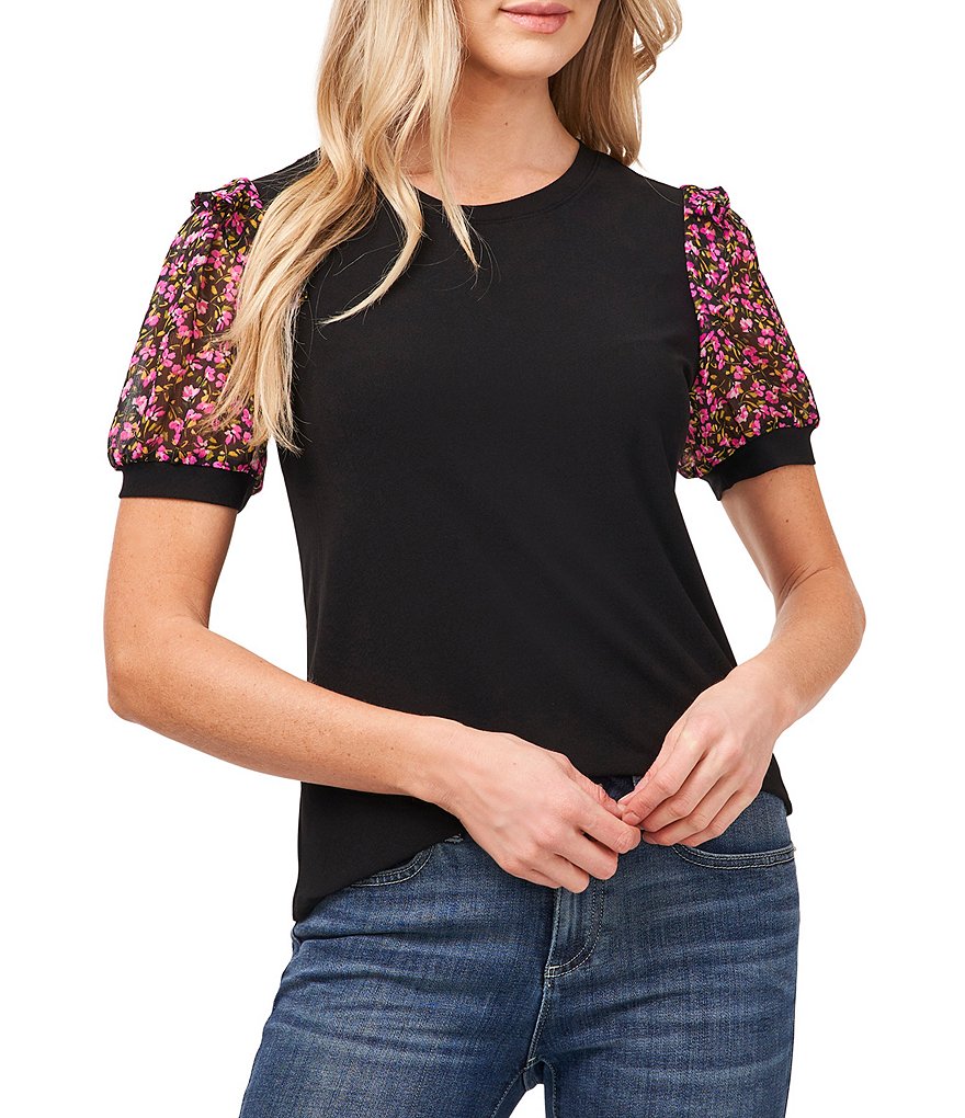 CeCe Ditsy Round Neck Floral Puff Sleeve Knit Top