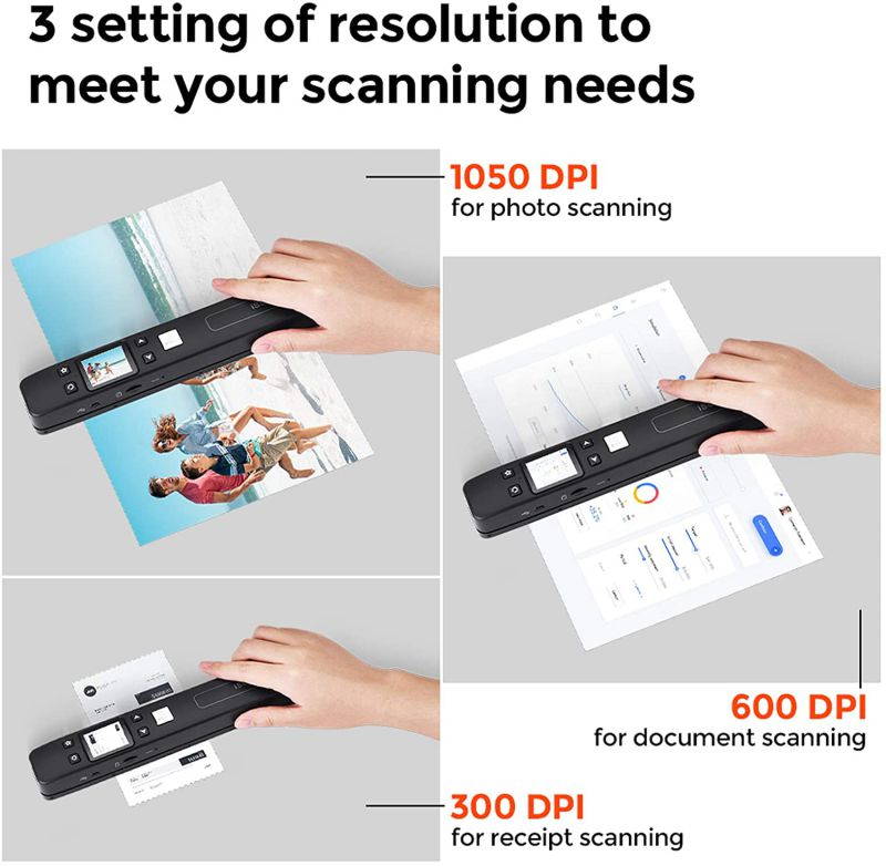 Scanner Portable Handheld Wand Document Book Images 1050DPI Resolution High Speed Scanning A4 Size JPEG PDF Format Colorful LCD Display for Office Business Reciepts