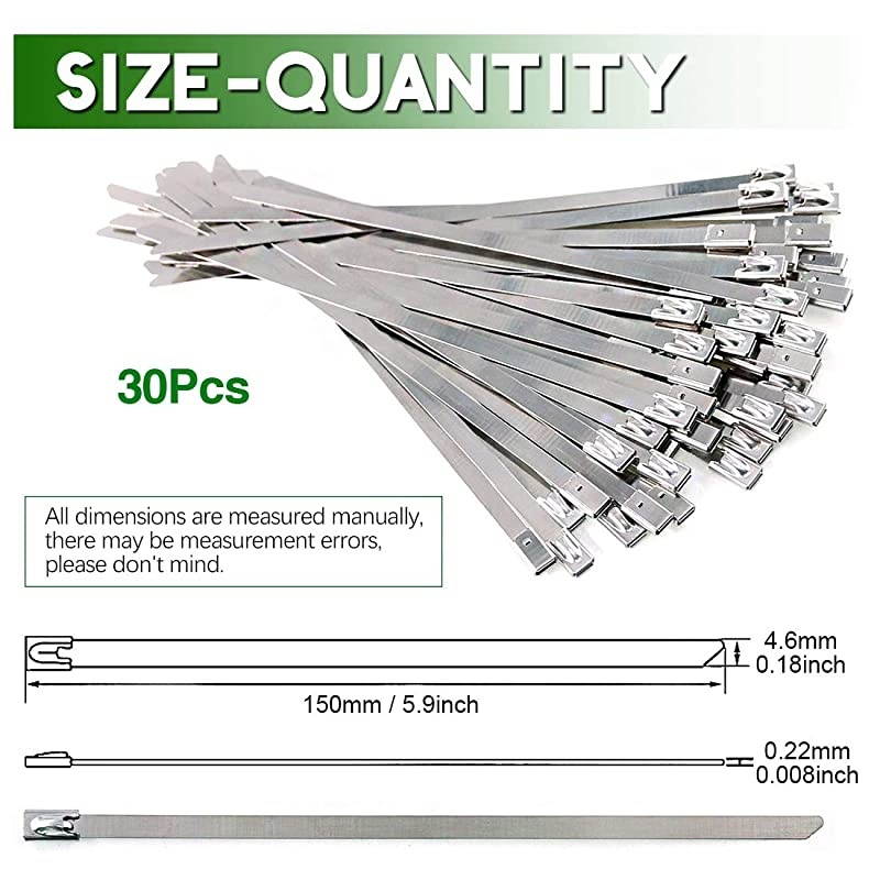 30Pcs 59 Inches 304 Stainless Steel Zip Ties Exhaust Wrap Coated Locking Metal Cable Zip Ties for Computer Wire Harness Automotive Parts and more