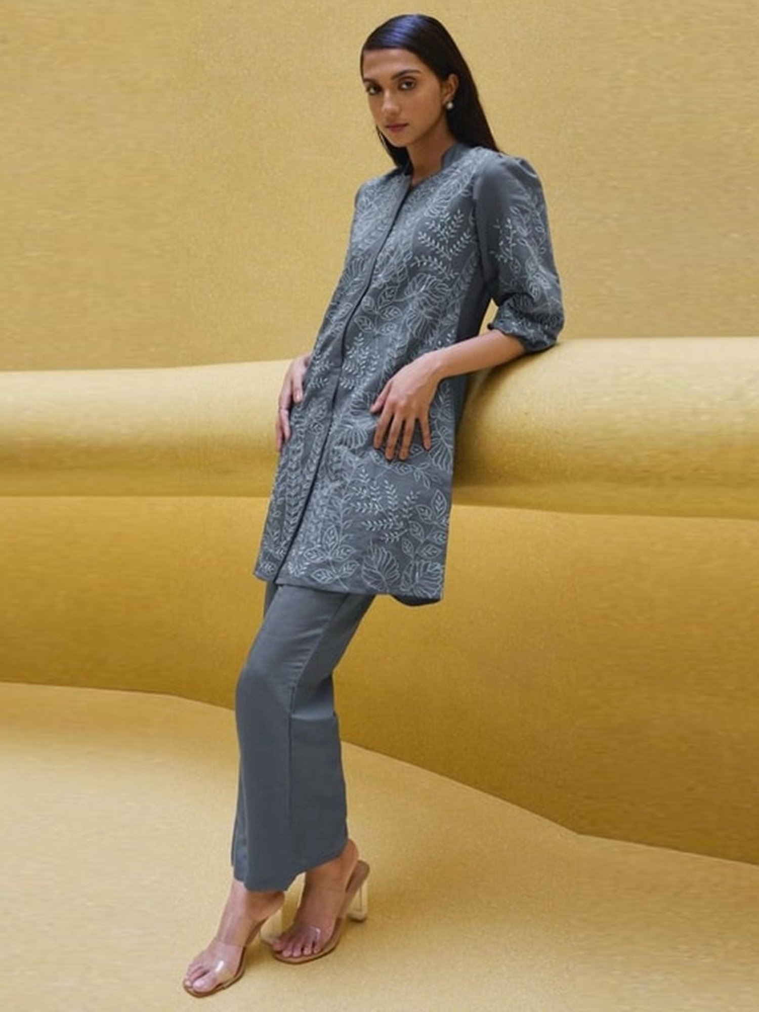 Autumnlane Grey Ashima Cloud Full Work Tunic With Pant Co-ord Set
