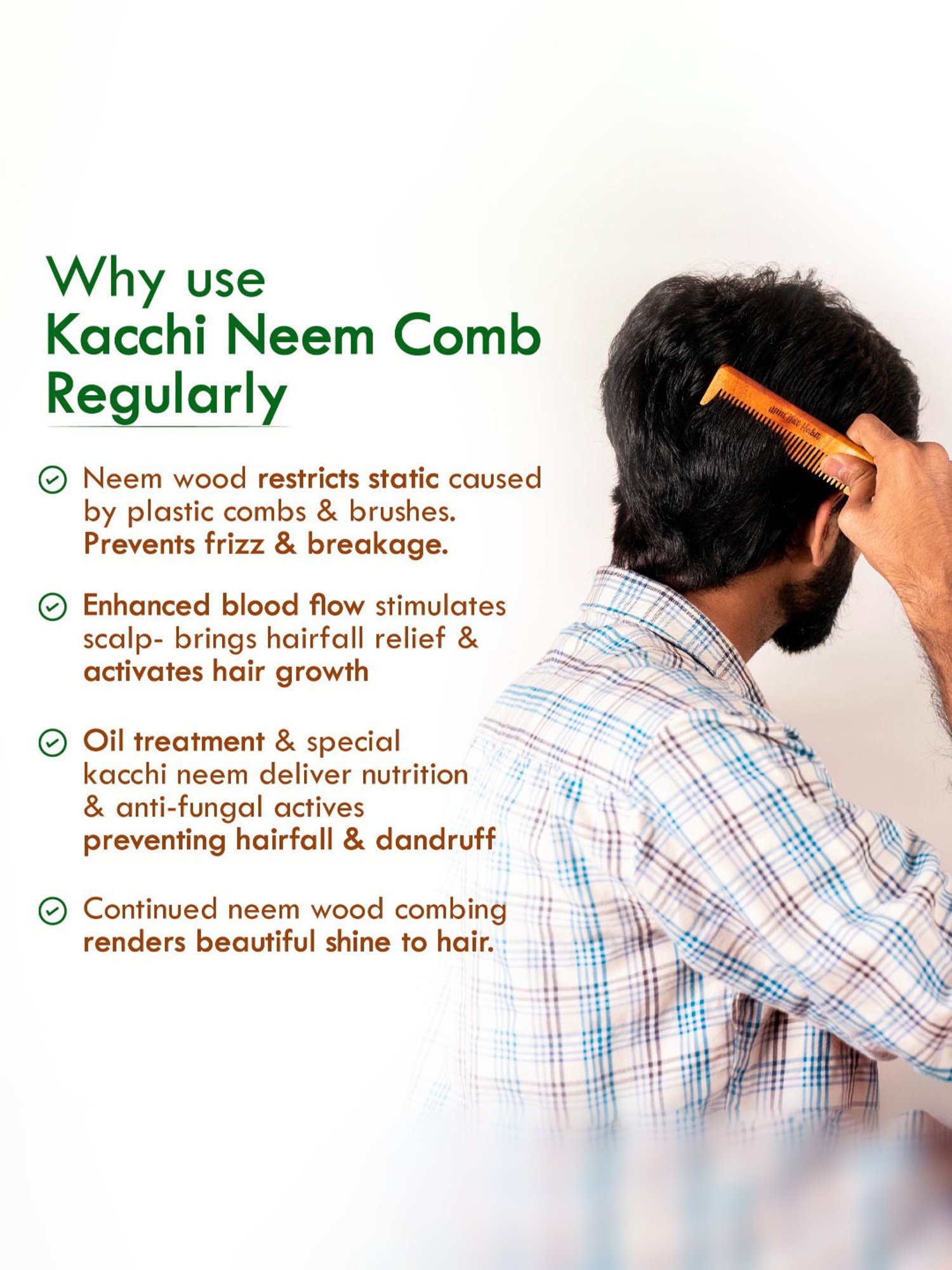 Nat Habit Kacchi Neem Wodden Fine Tooth Pocket Comb - Pack of 2