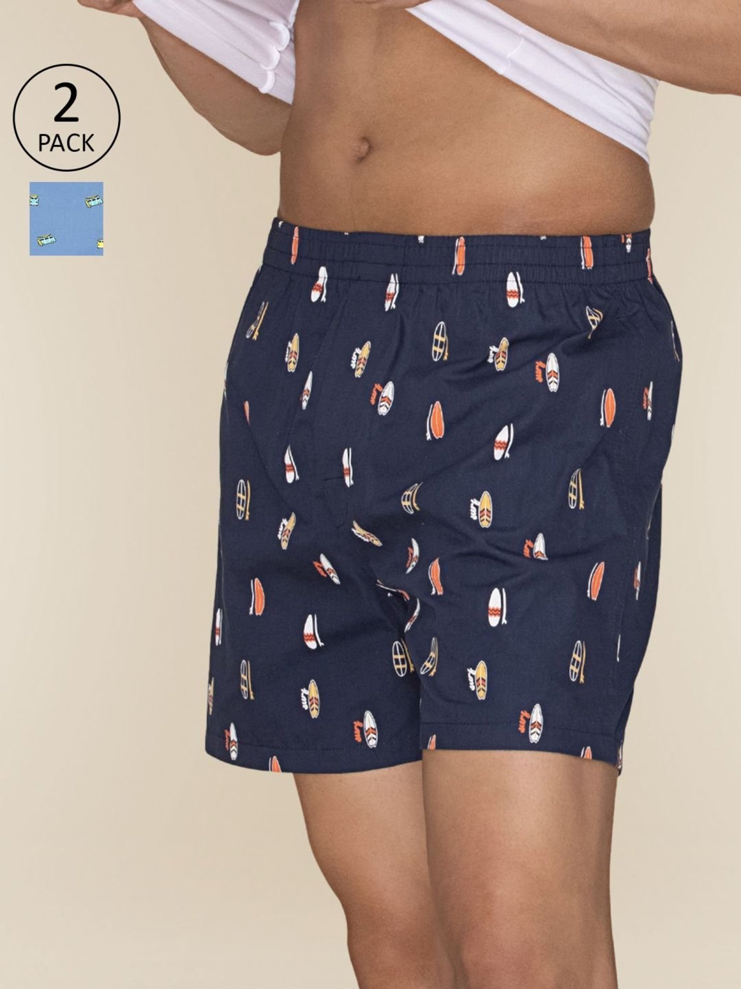 XYXX Surfboard Blue & Bus Blue Cotton Relaxed Fit Printed Boxers - Pack Of 2