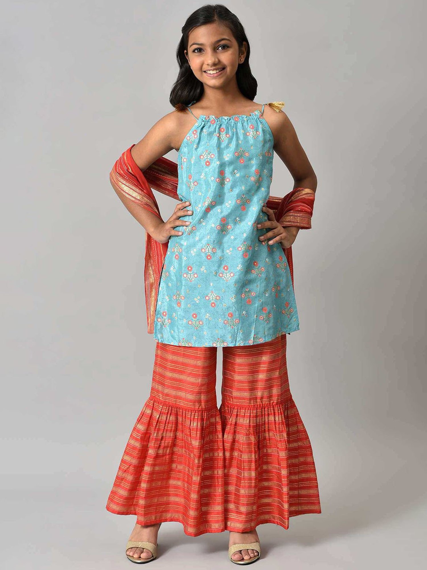 Aurelia Kids Aqua Blue & Red Floral Print Kurta, Plazzos with Dupatta