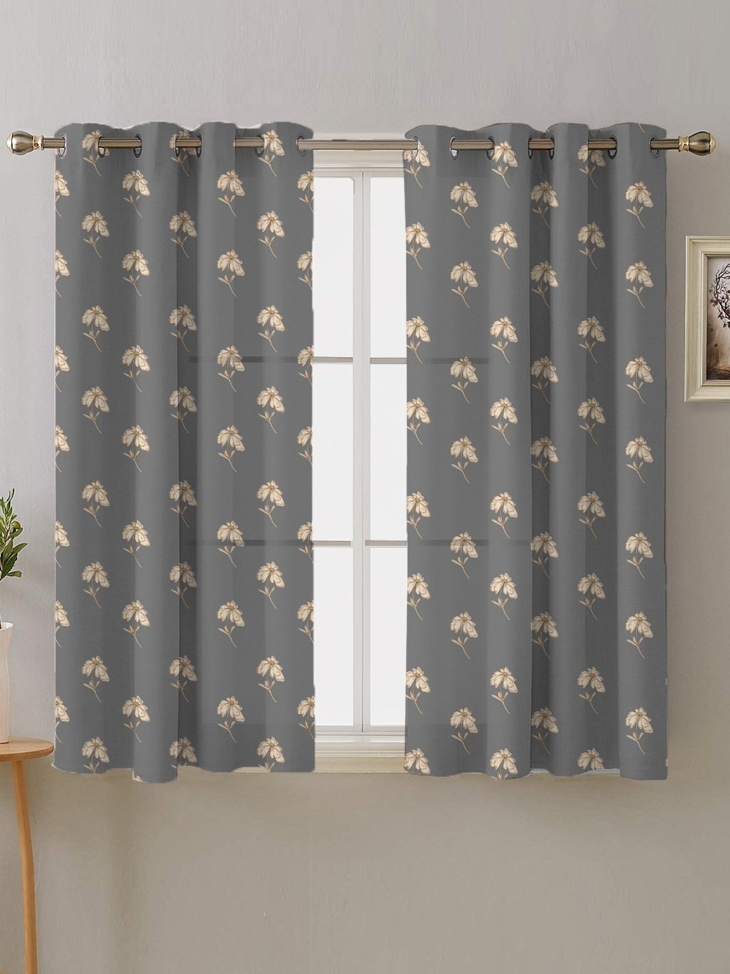 SPACES DRAPE STORY Boho Floral Stone Grey Polyester 5 ft Window Curtains - Set of 2