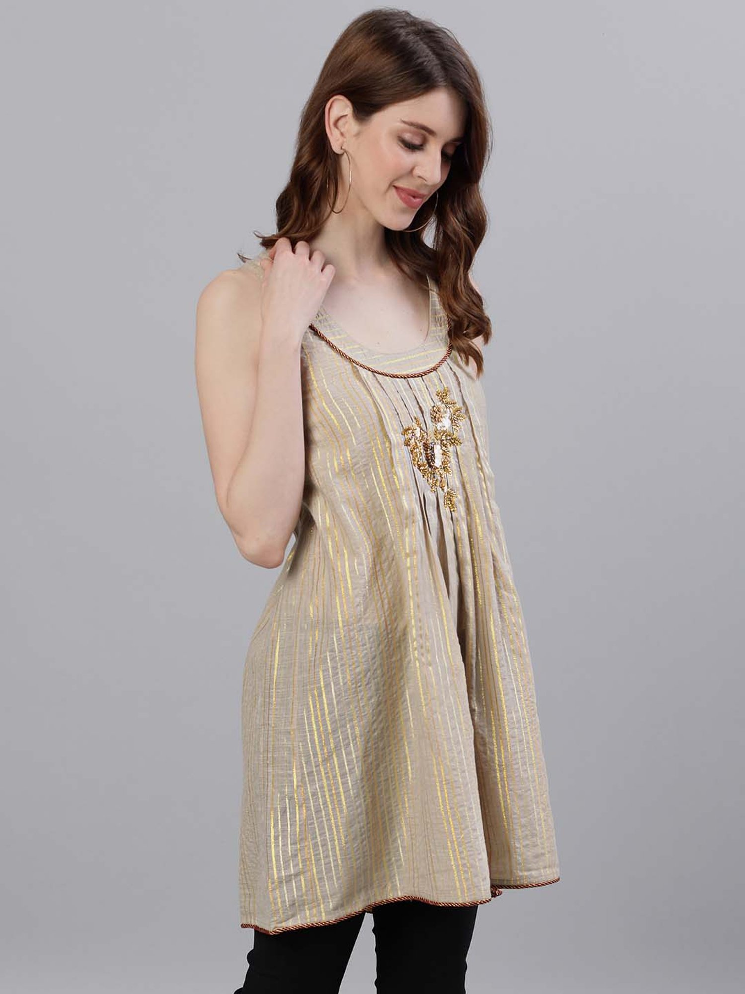 Ishin Beige Pure Cotton Embellished Top