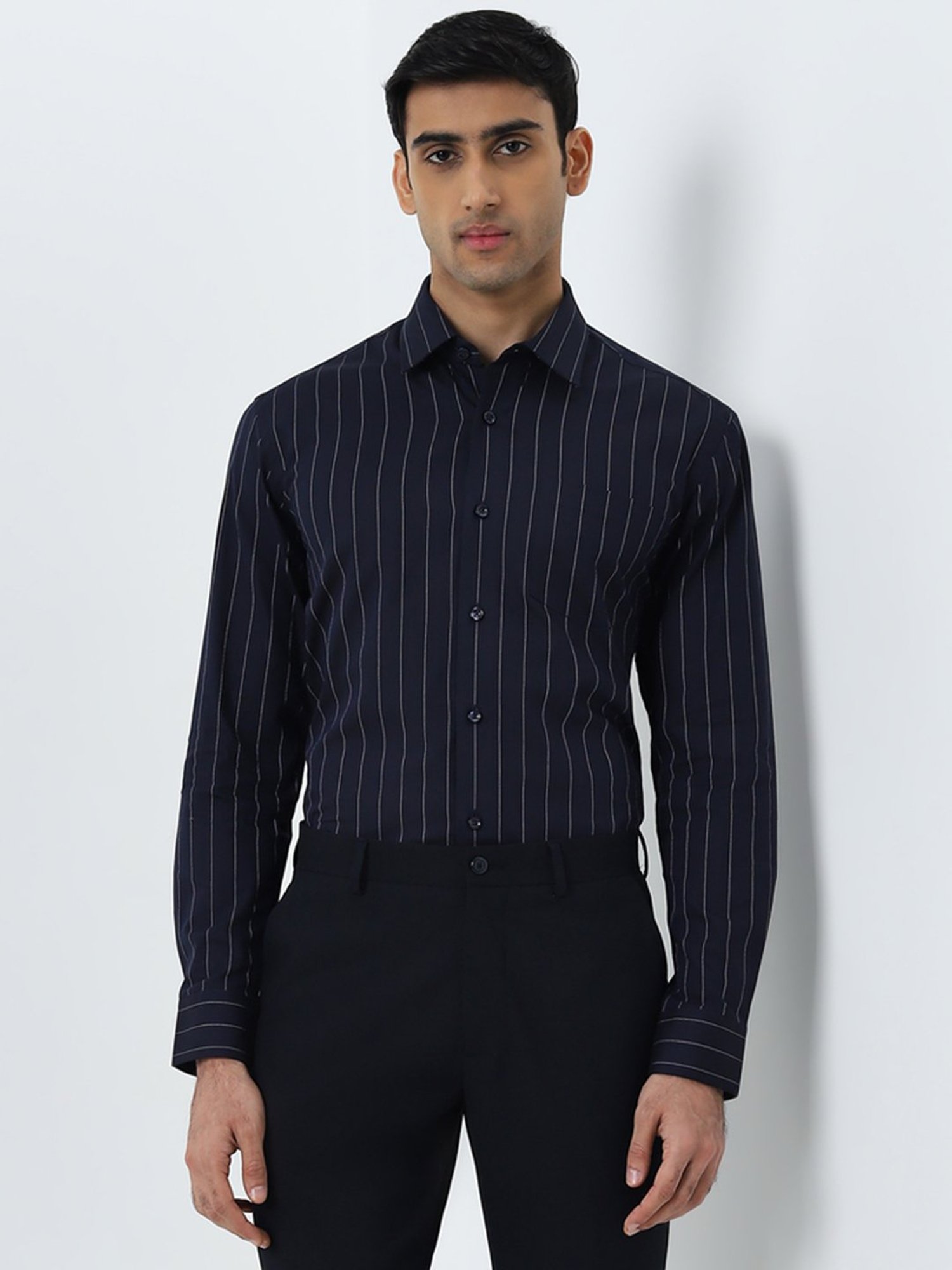 WES Formals by Westside Navy Pinstriped Relaxed-Fit Cotton Shirt