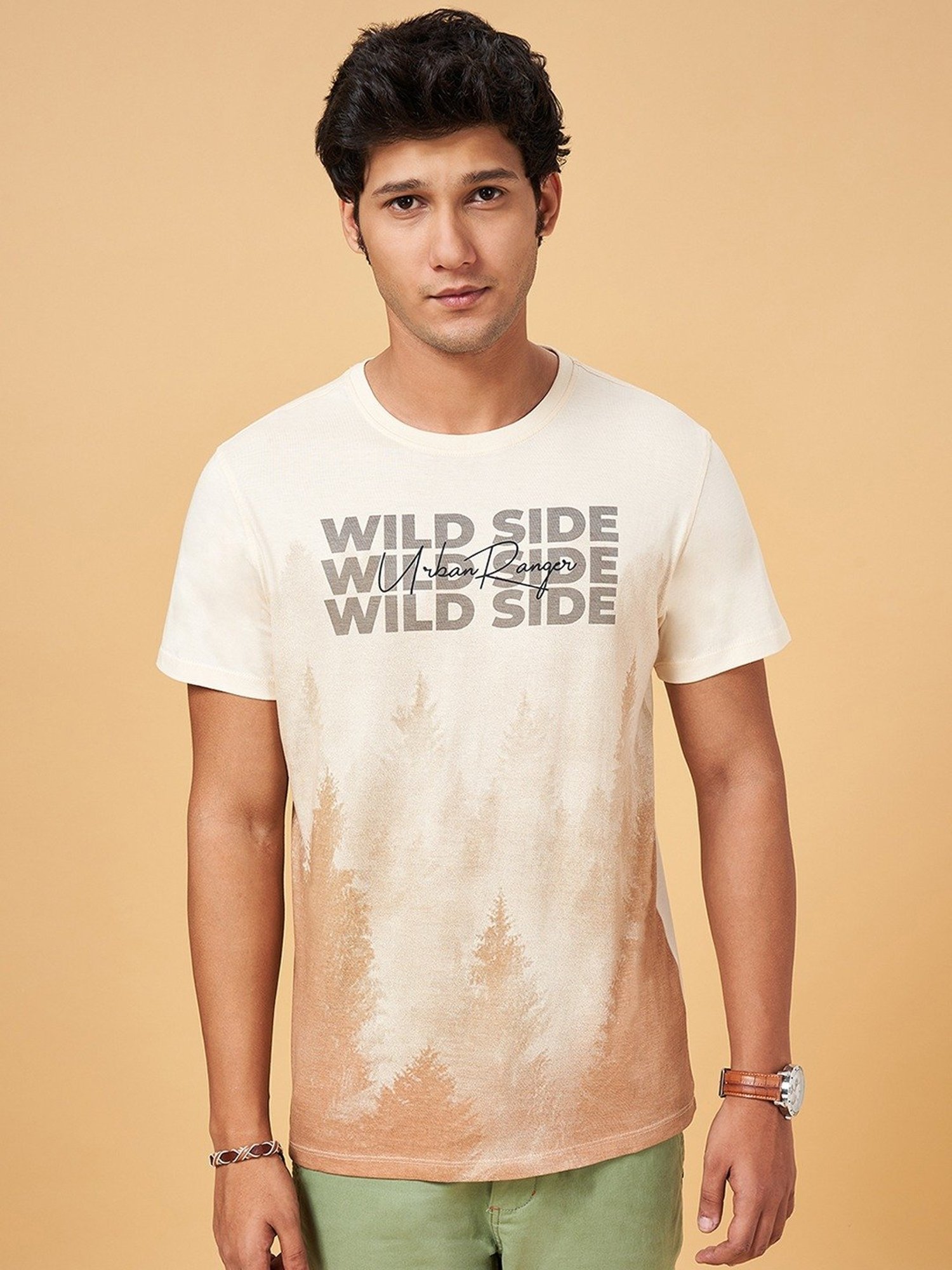 Urban Ranger by Pantaloons Cream Cotton Slim Fit Printed T-Shirt