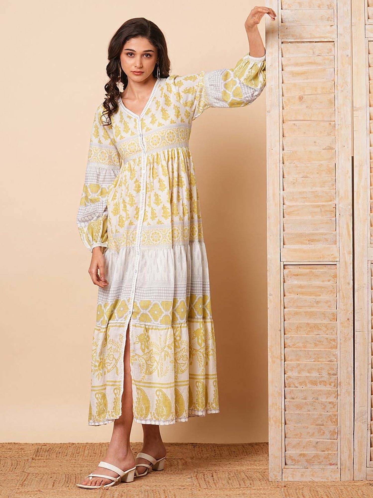 Fashor White & Yellow Cotton Printed Maxi Dress