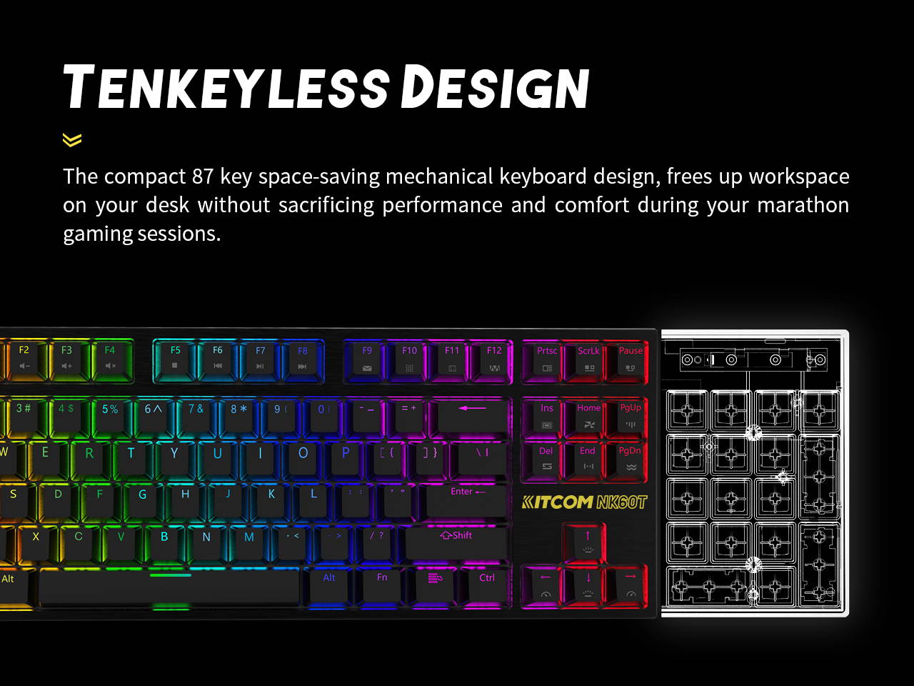 TKL RGB Mechanical Gaming Keyboard KITCOM NK60T Cherry MX Blue Switch Equivalent Compact 87 Keys Tenkeyless LED Backlit Detachable USB Type-C Cable Computer Wired Keyboard for Windows PC/MAC Gamers