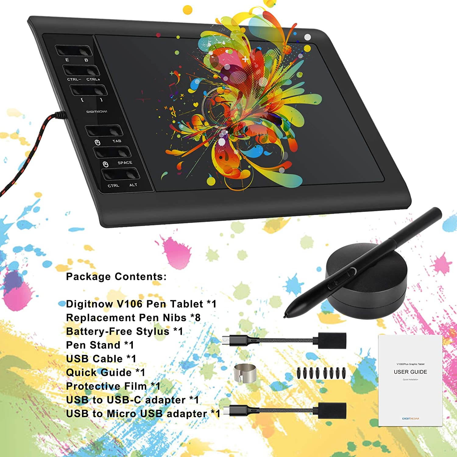 DIGITNOW Digital Graphics Drawing Tablets,10 x 6.25 Inch Ultrathin Computer Drawing Pen Display Tablet with Battery-Free Stylus & 12 Shortcut Keys (8192 Levels Pressure Sensitive)