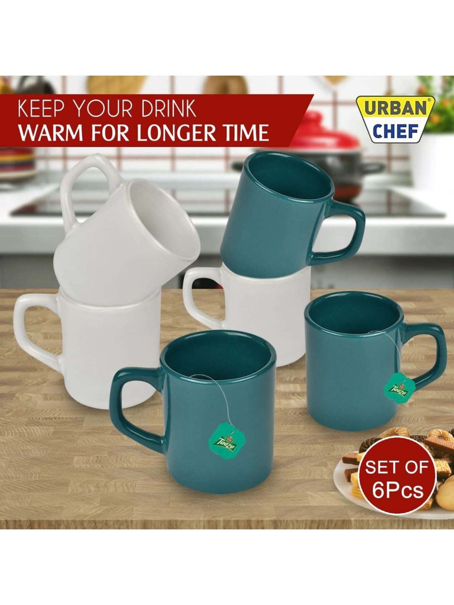 Urban Chef White & Dark Green Ceramic Droite Handcrafted Microwave Safe Cup - Set of 6