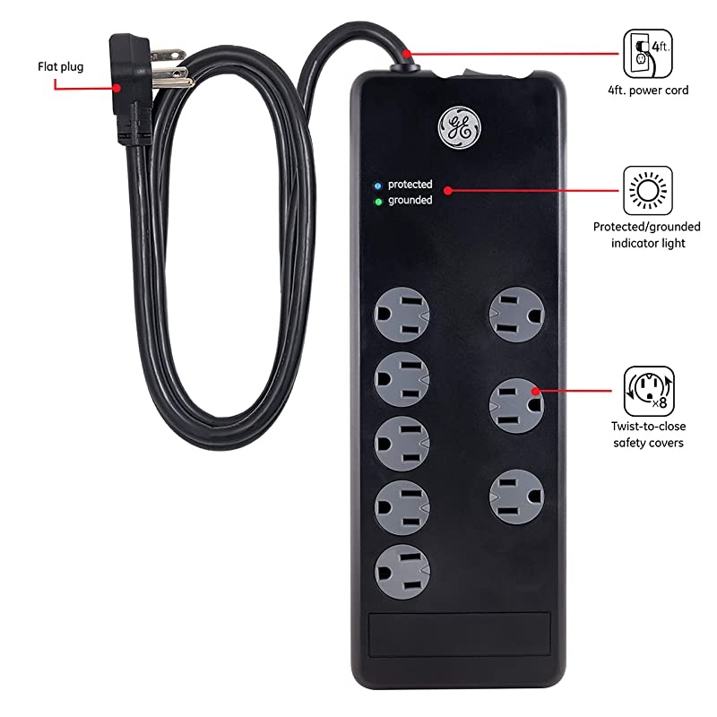 Pro 7-Outlet Sur Protector, 4 Ft Power Cord, 2100 Joules, 3 Adapter Spaced Outlets, Flat Plug, Twist to Close Safety Covers, Power Filter, Circuit Breaker, Warranty, UL Listed, Black, 37451