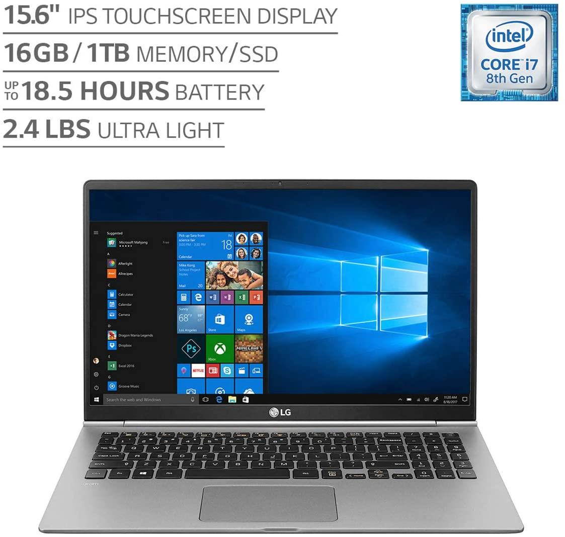 LG gram 15.6" IPS Full HD Touchscreen Notebook Computer, Intel Core i7-8565U 1.80GHz, 16GB RAM, 1TB SSD, Windows 10 Home, Dark Silver