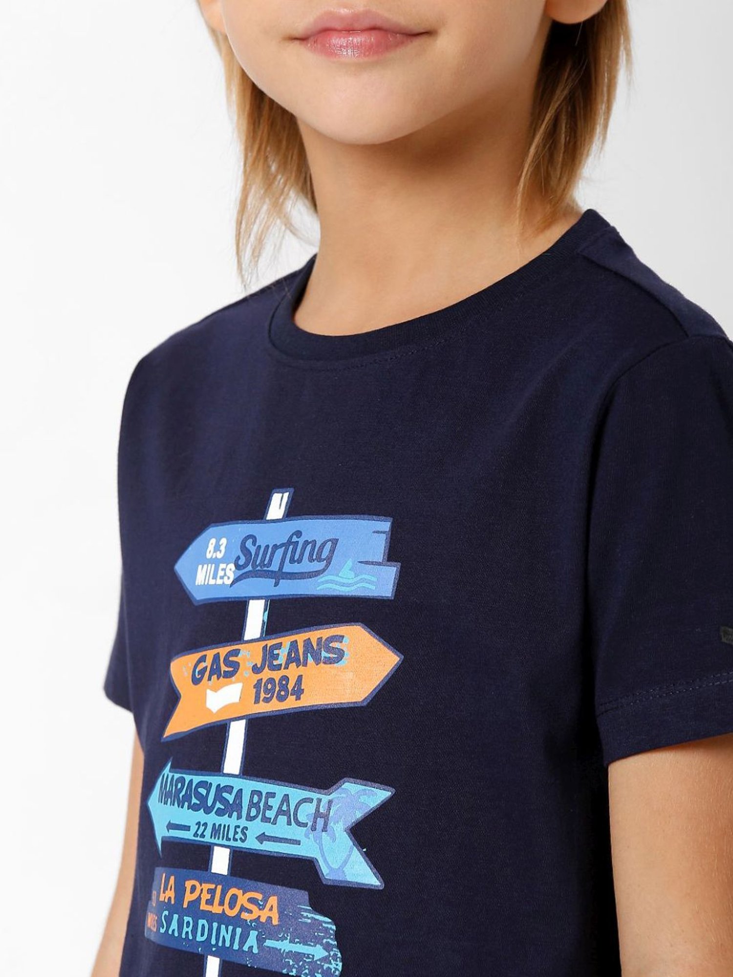 Gas Kids Navy Cotton Printed T-Shirt