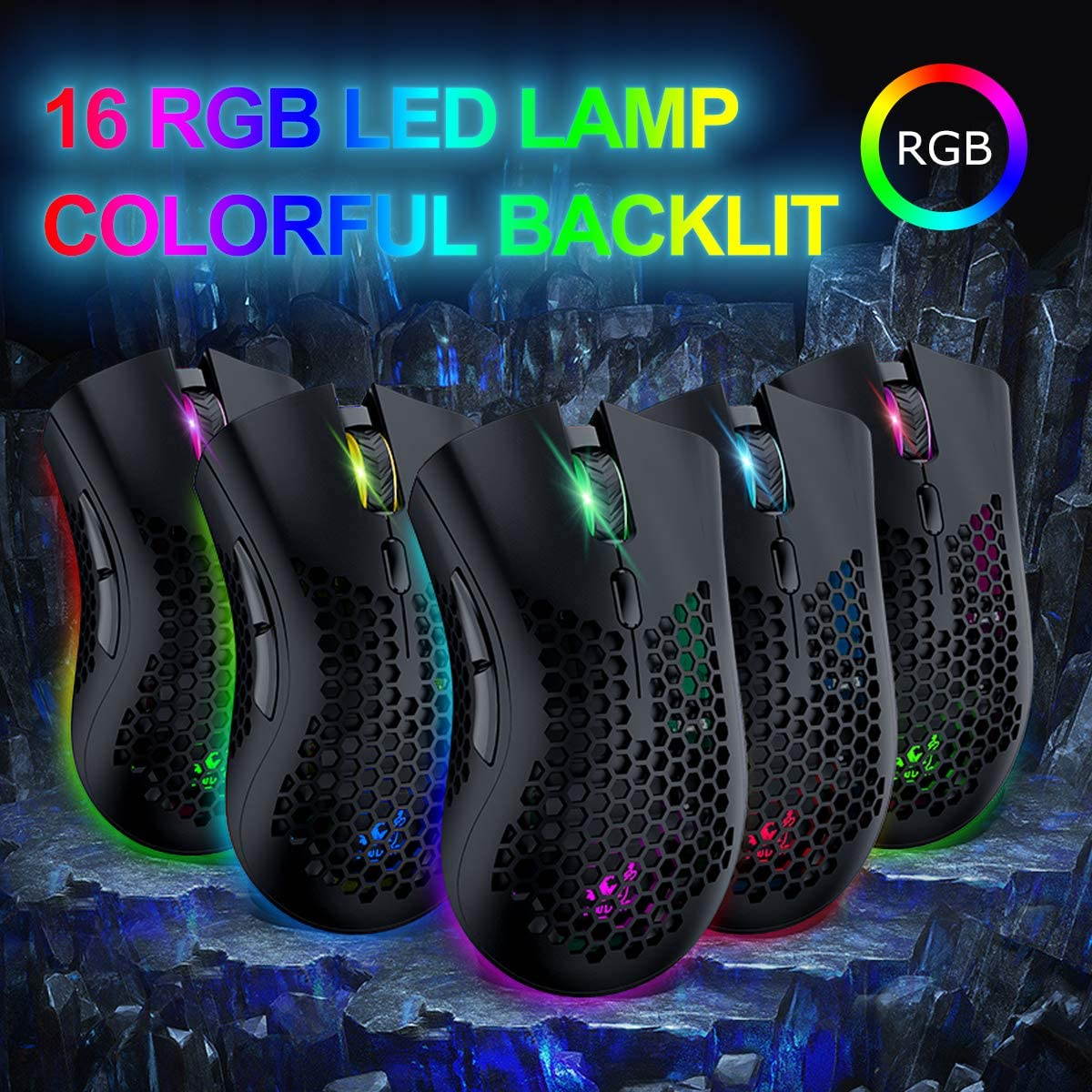 Wireless Lightweight Gaming Mouse Honeycomb with 7 Button Multi RGB Backlit Perforated Ergonomic Shell Optical Sensor Adjustable DPI Rechargeable 800 mAh Battery USB Receiver for PC Mac Gamer