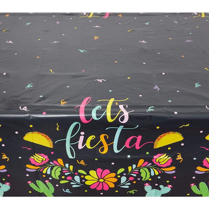 Sparkle and Bash 3 Pack Let's Fiesta Disposable Plastic Tablecloth for Cinco de Mayo Black, 54 x 108 In