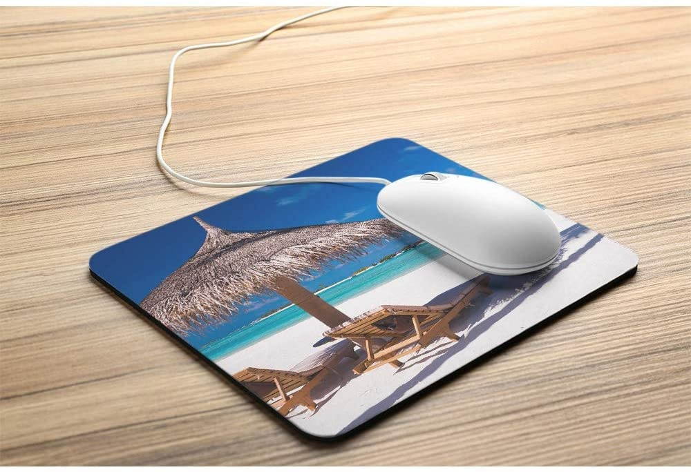 Wozukia Beach Mouse Pad Two Chairs and Umbrella on A Beach with Shadow from Palm Tree Tranquil Scenery Mouse Pad Computer Accessories Home Office Space Cubicle Gaming Mouse Pad Design 9.5 X 7.9 Inch