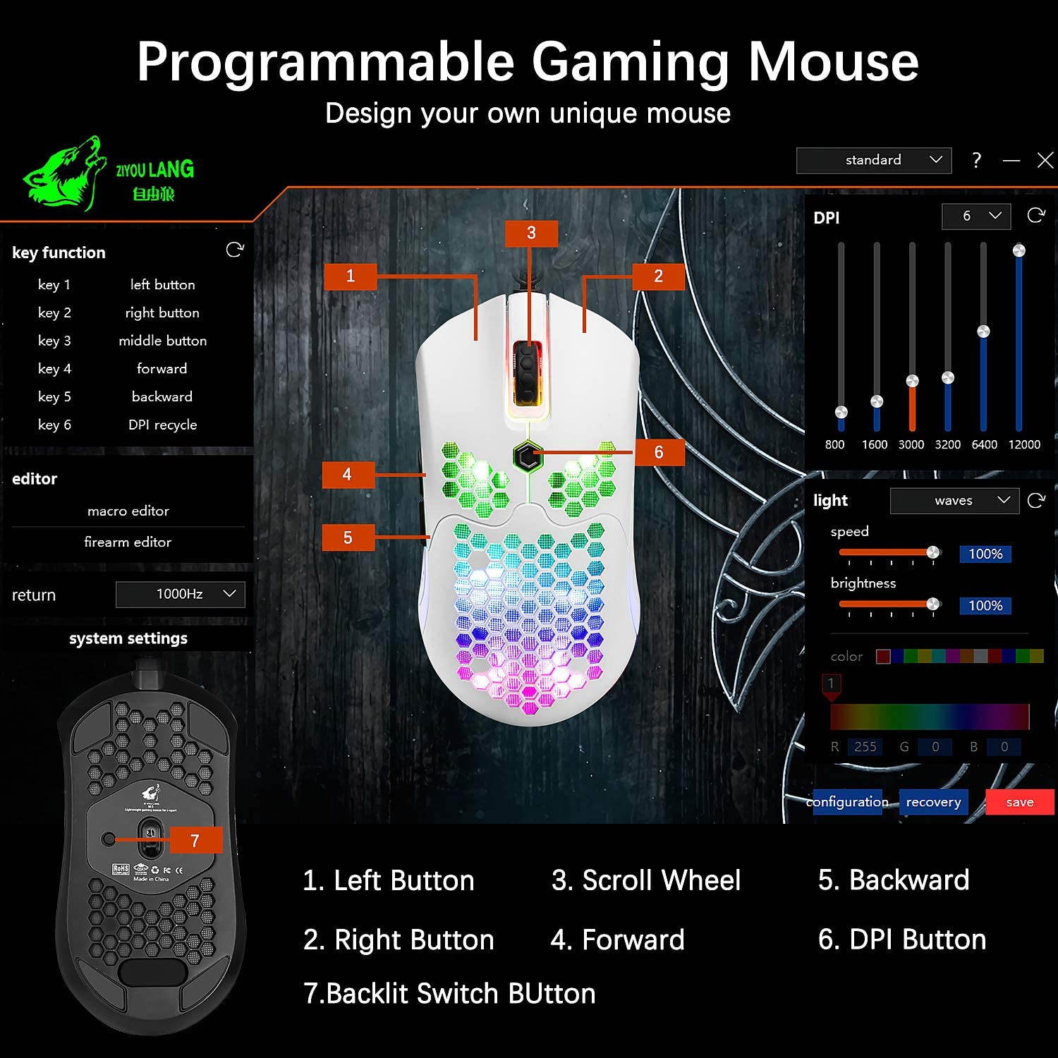 Lightweight Gaming Mouse Wired, 12000DPI Mice Backlit Mice with 7 Buttons Programmable Driver,Ultralight Honeycomb Shell Ultraweave Cable Mouse for PC Gamers and Xbox and PS4 Users