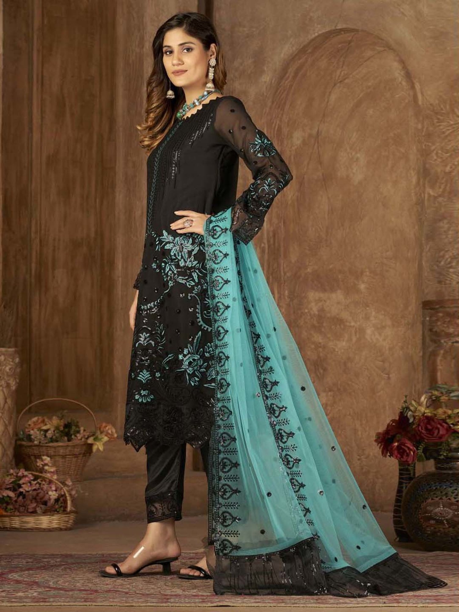 Warthy Ent Blue Embroidered Semi Stitched Dress Material