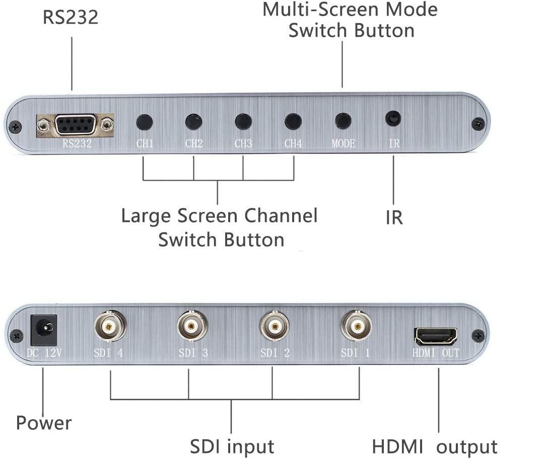 SDI Multi-Viewer 4X1 SDI to HDMI 4 SDI in 1 HDMI Out 1080p@60HZ Support SD/HD/3G-SDI RS232 SDI Quad Switcher for PC Video Conference TV Monitor-Silver