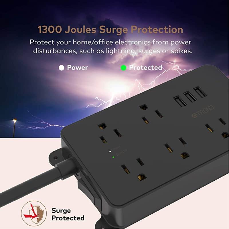 Power Strip with USB  Surge Protector Flat Plug with 5 WidelySpaced Outlets ETL Listed 1300 Joules Wall Mountable 5ft Extension Cord for Kitchen Garage Laundry Room Behind TV Black