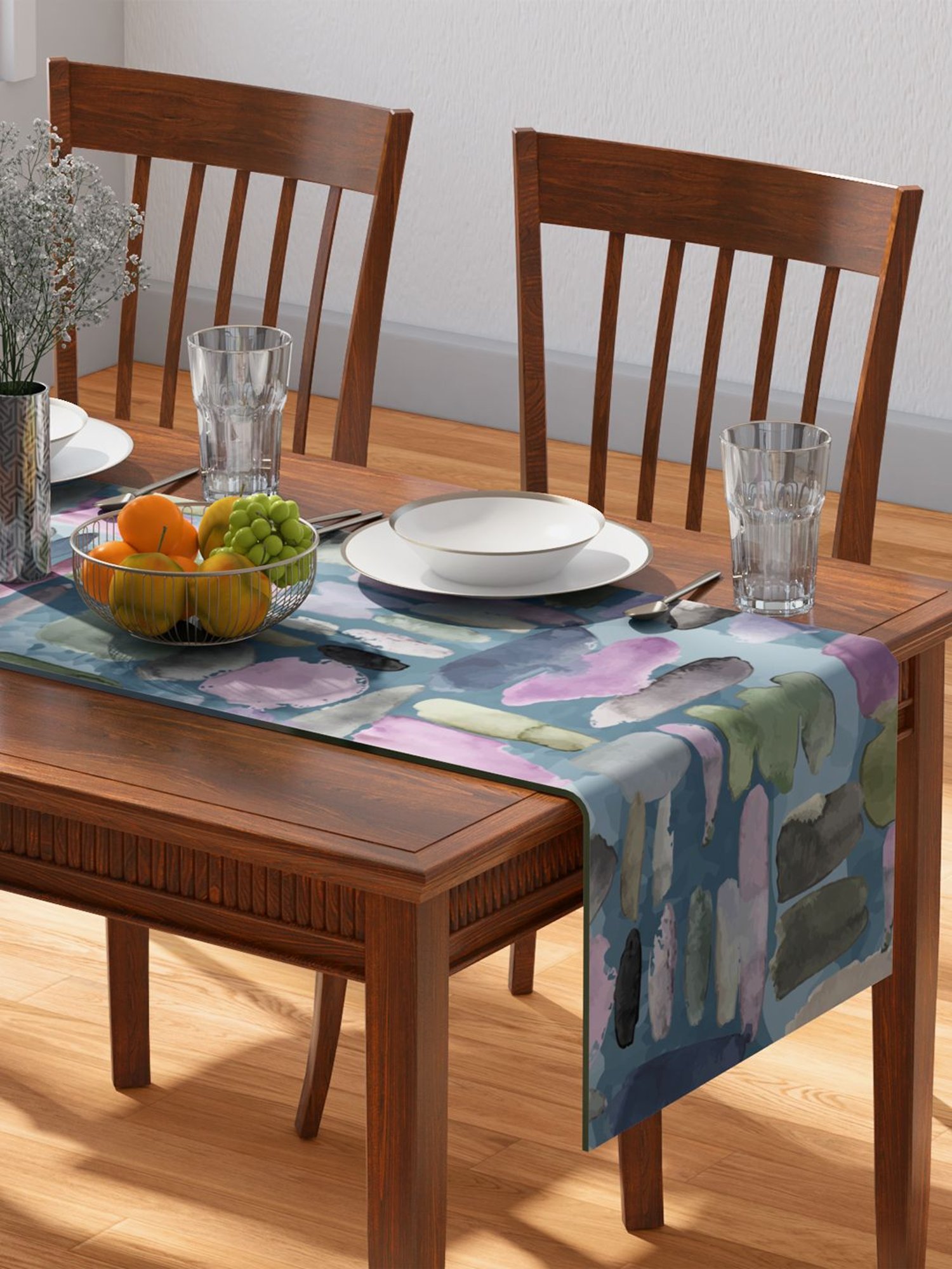 Petal Home Abstract Blue Cotton Table Runner