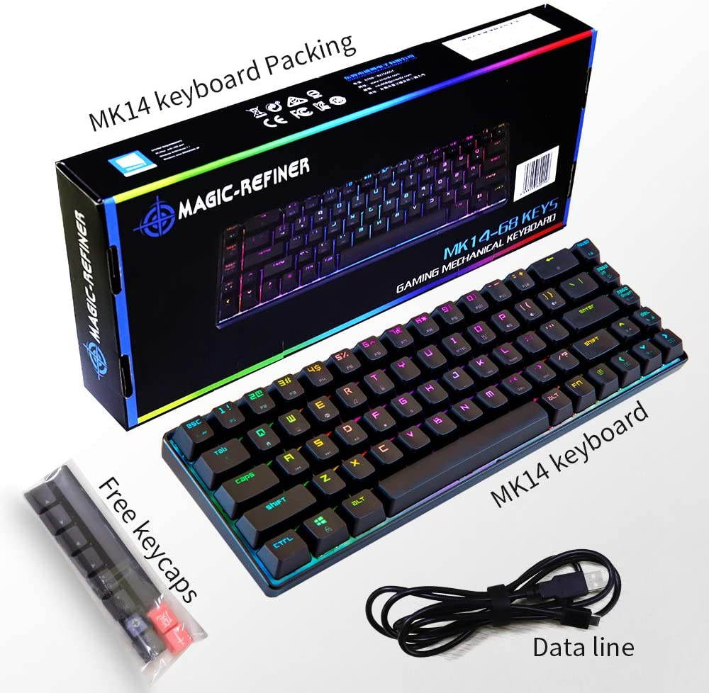 CUUWE Portable RGB Gaming Office Magic Refiner MK14 60% Mechanical Keyboard USB 68 Keys Backlit Anti-ghosting Keyboard for PC Laptop (Blue Switch)