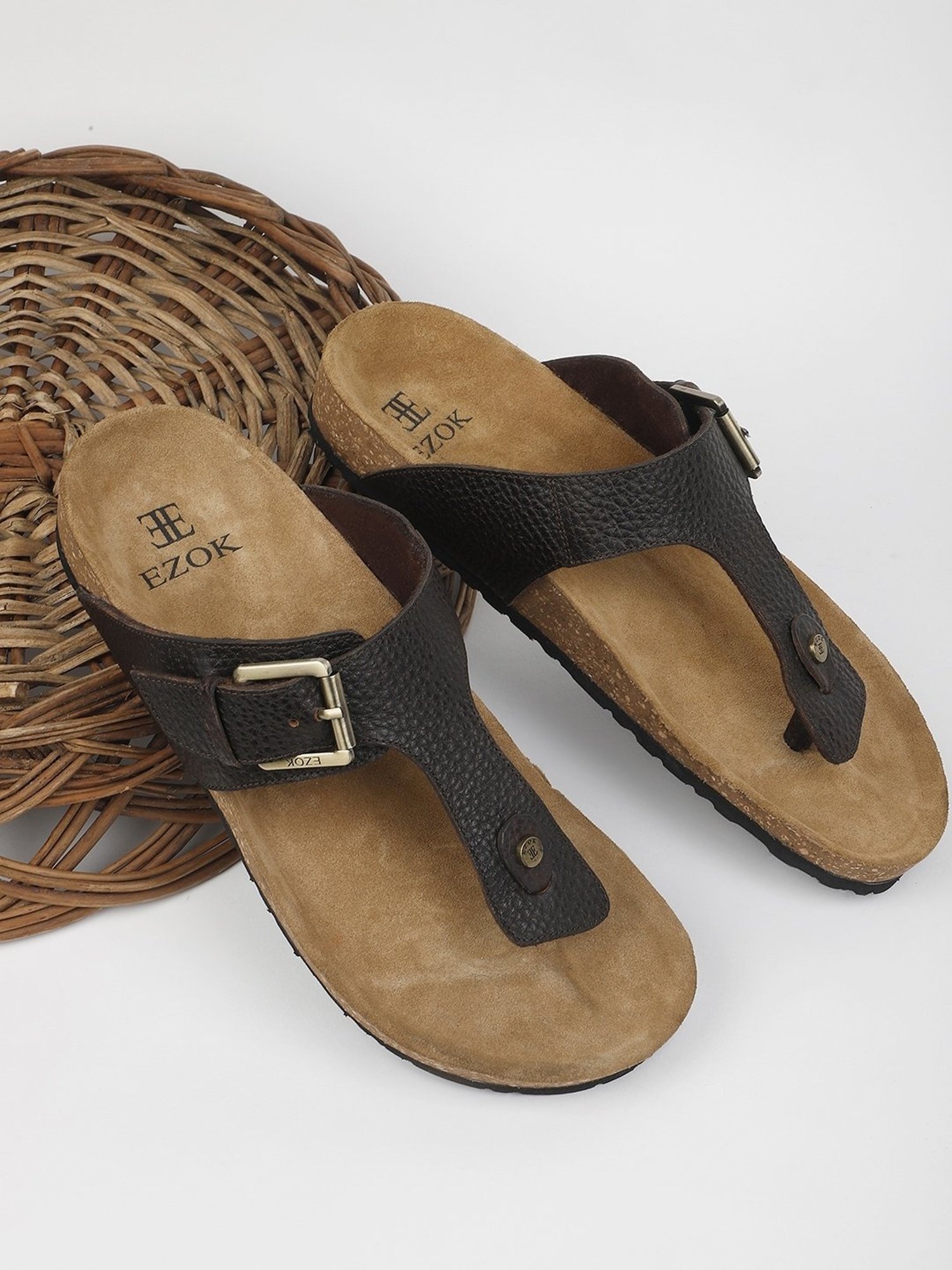 EZOK Men's Brown T-Strap Sandals