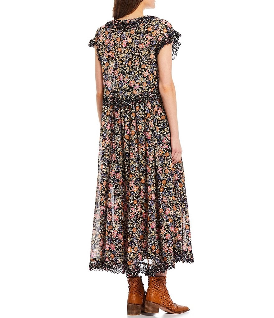 Free People Milania Floral Print V-Neck Cap Sleeve Maxi Dress