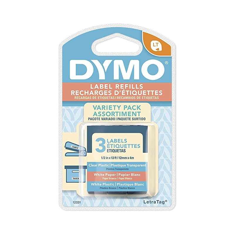 LetraTag Labeling Tape for LetraTag Label Makers Black Print on White Paper White Plastic and Clear Plastic Tapes 13 W x 13 L 3 Rolls 12331